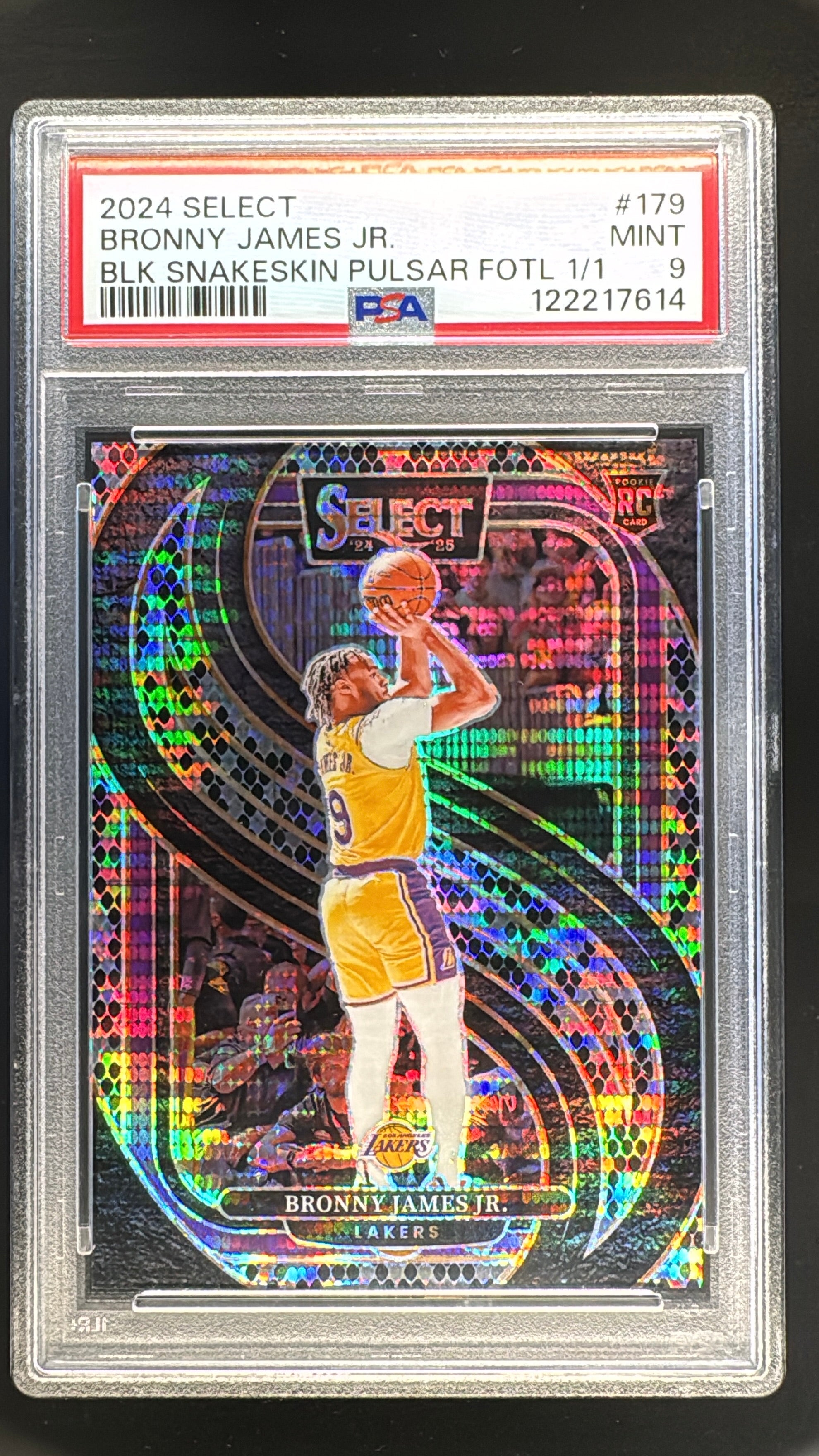2024 Select Premier Level Black Snakeskin Pulsar FOTL Bronny James Jr. ROOKIE 1/1 #179 PSA 9