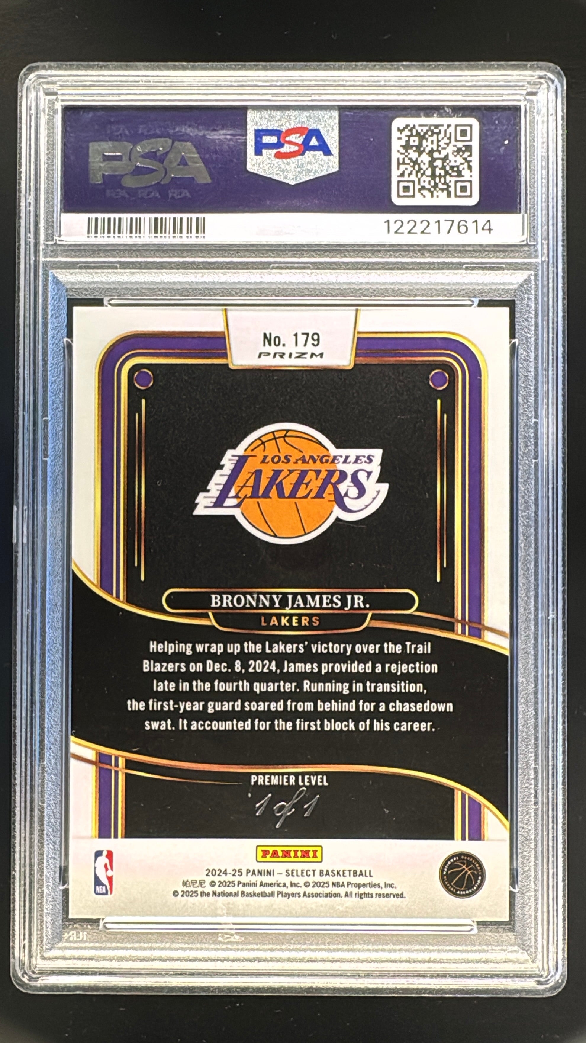2024 Select Premier Level Black Snakeskin Pulsar FOTL Bronny James Jr. ROOKIE 1/1 #179 PSA 9