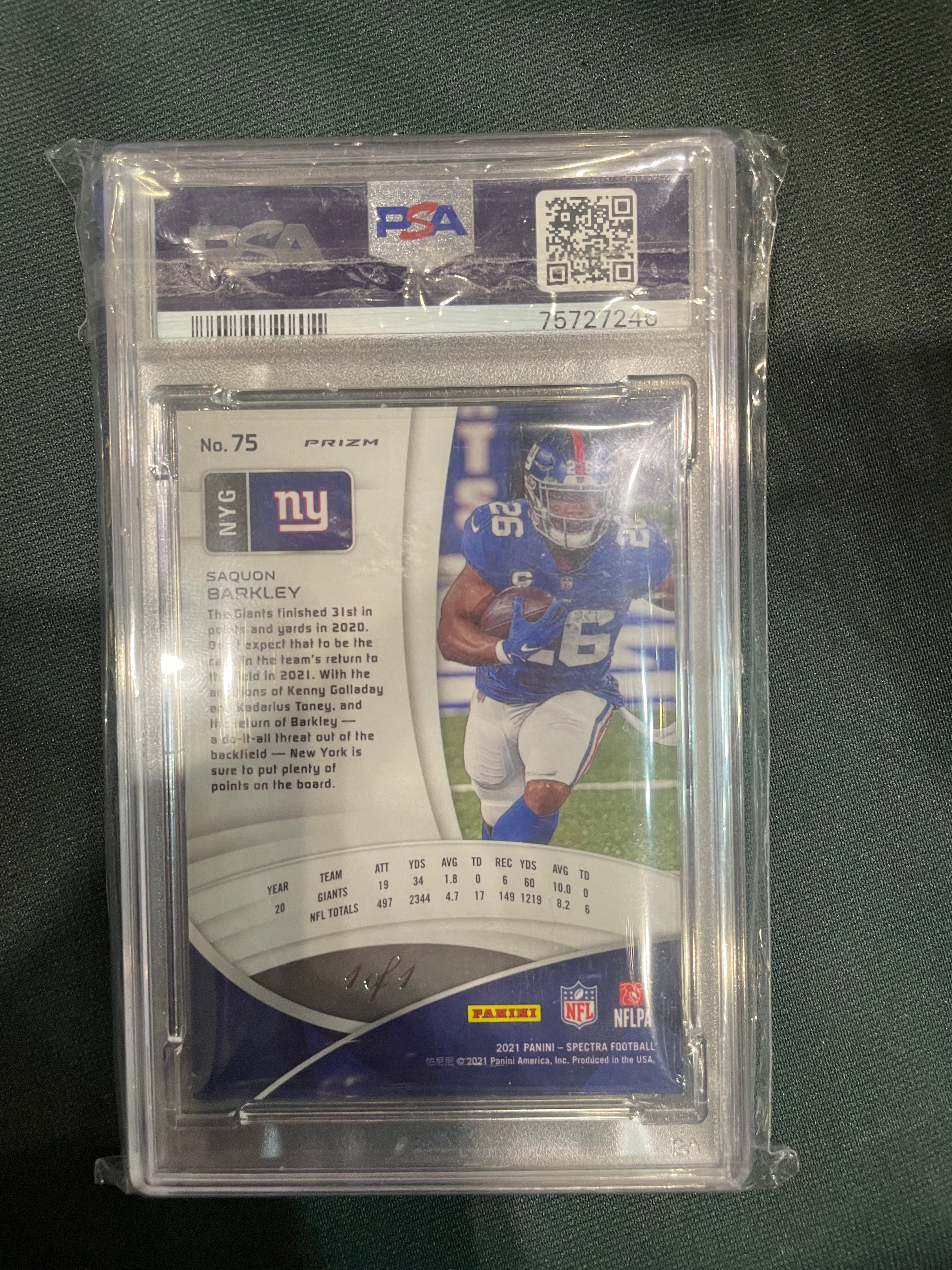 2021 Panini Spectra Saquon Barkley Gold 1/1 PSA 9