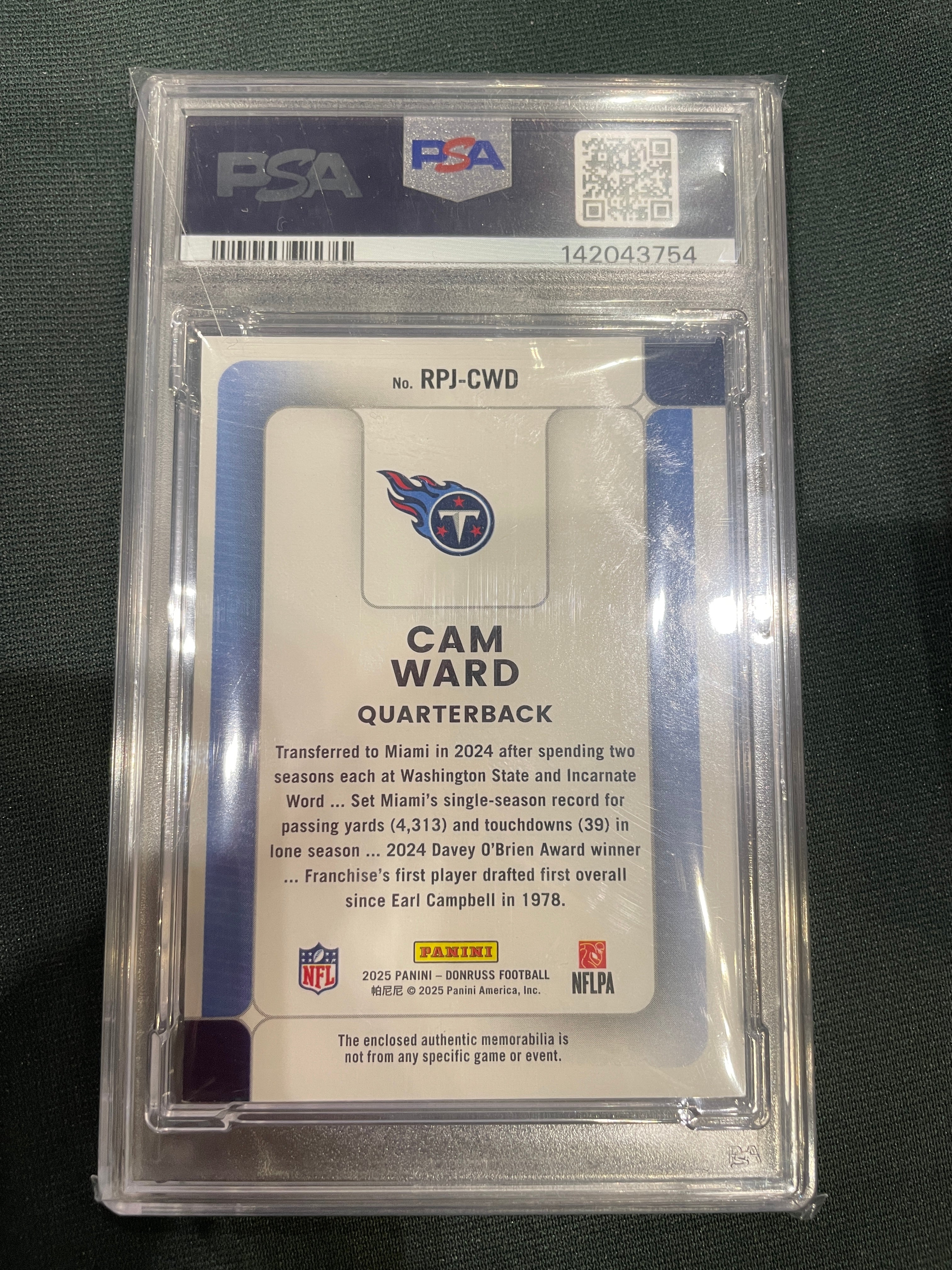 2025 Donruss Cam Ward RK Phenom JSY-Shield Tag 1/1 PSA 8 NM-MT