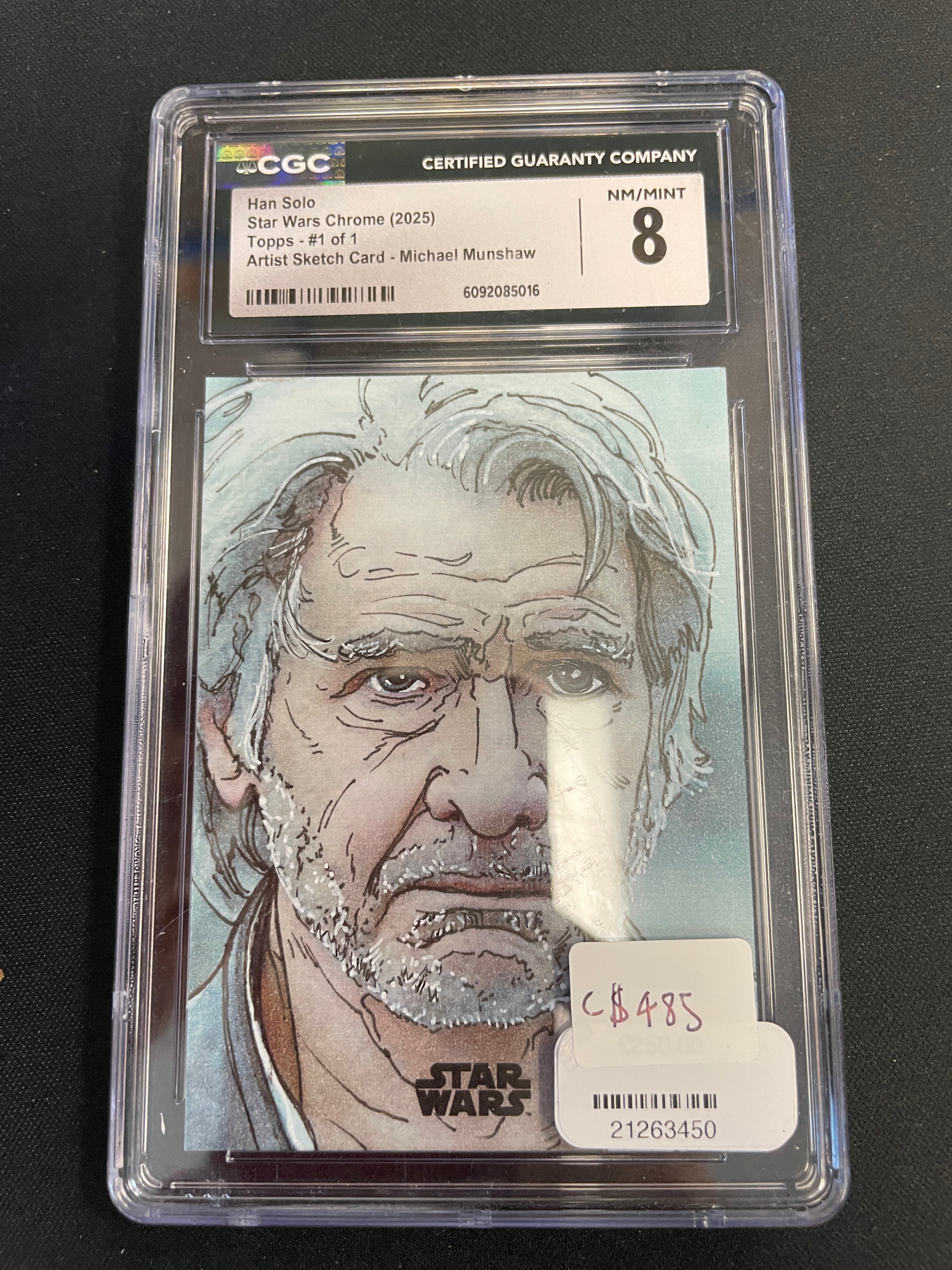 2025 Topps Star Wars Chrome Artist Sketch Card Han Solo Michael Munshaw AUTO 1/1 CGC 8 NM-MT