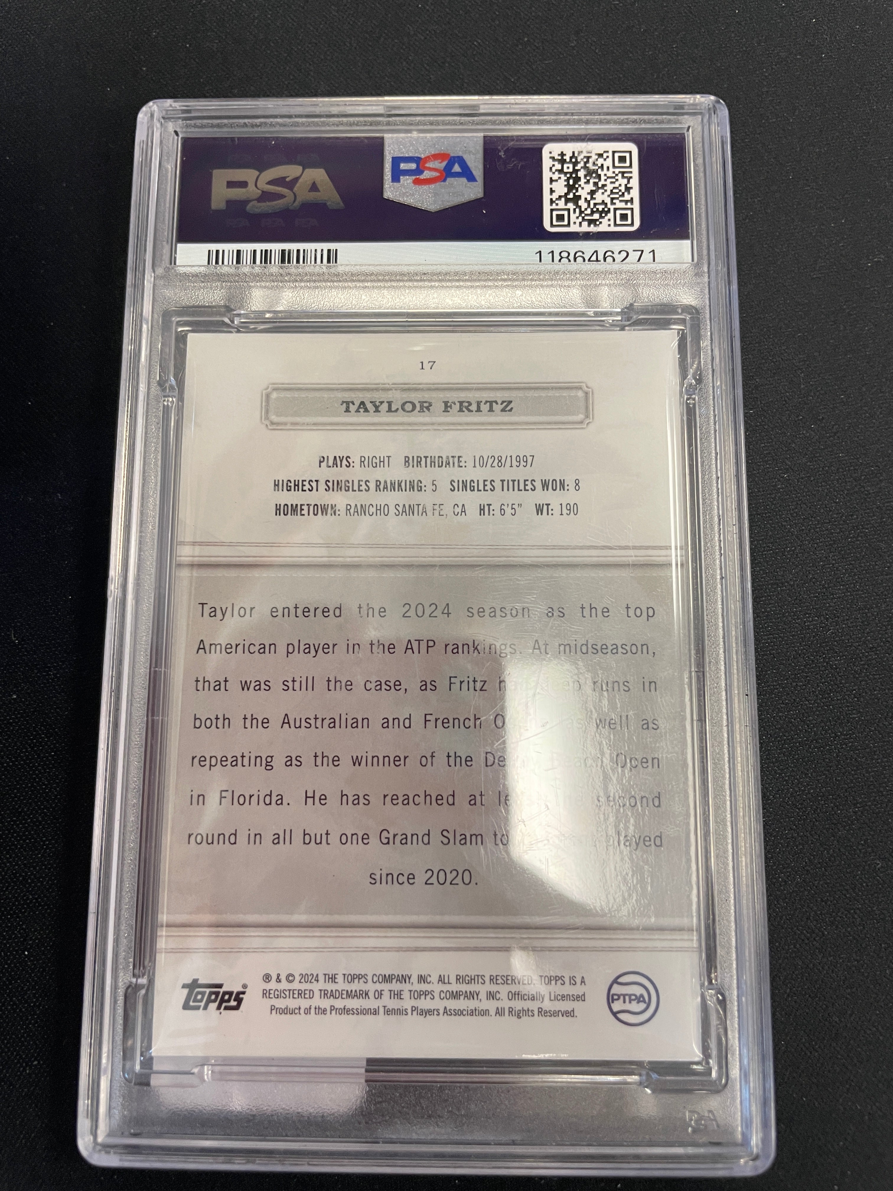 2024 TOPPS Royalty - Taylor Fritz - Platinum /1 Tennis PSA 9